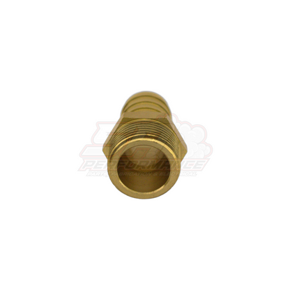 Front threaded view of 3/4 inch male NPT to 19mm barb brass fitting showing external NPT threads and hollow bore