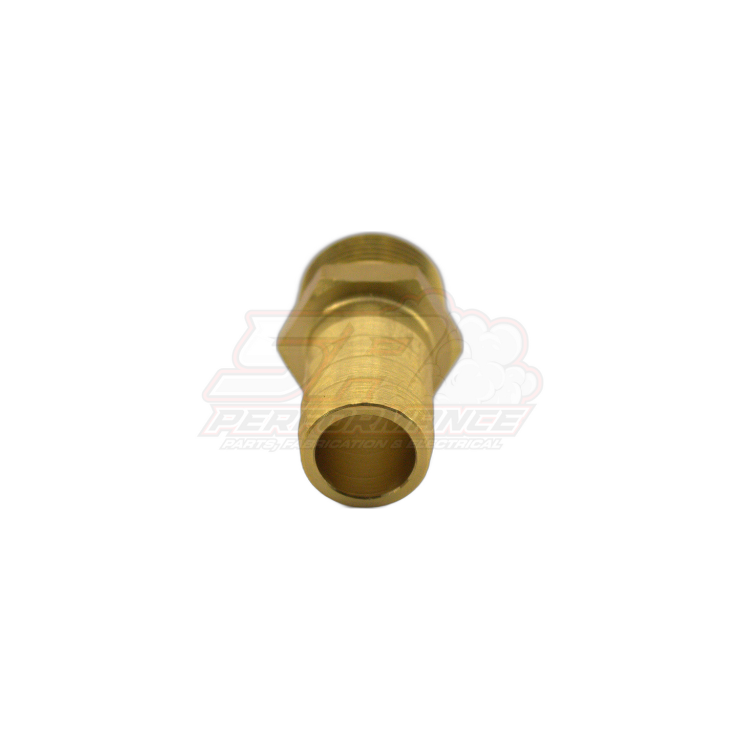 3/4 inch male NPT to 19mm barb brass fitting angled view showing threaded end and hollow barb