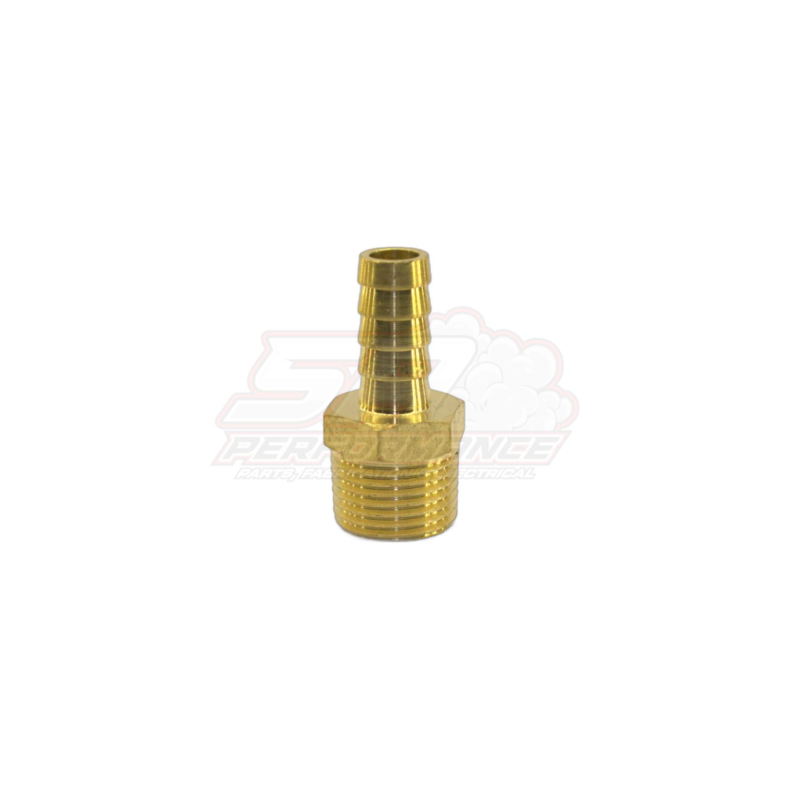 3/8 inch male NPT to 6mm barb brass fitting side angle view showing ribbed barb end and threaded body