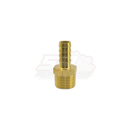 3/8 inch male NPT to 6mm barb brass fitting side angle view showing ribbed barb end and threaded body