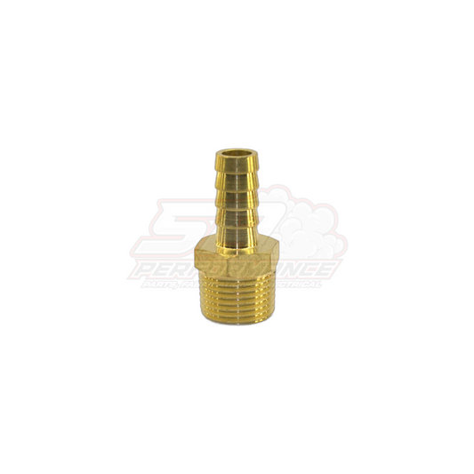 3/8 inch male NPT to 6mm barb brass fitting side angle view showing ribbed barb end and threaded body