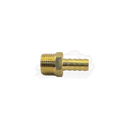 Side view of brass 3/8" male NPT to 6mm barb fitting showing threaded end and stepped hose barb tail