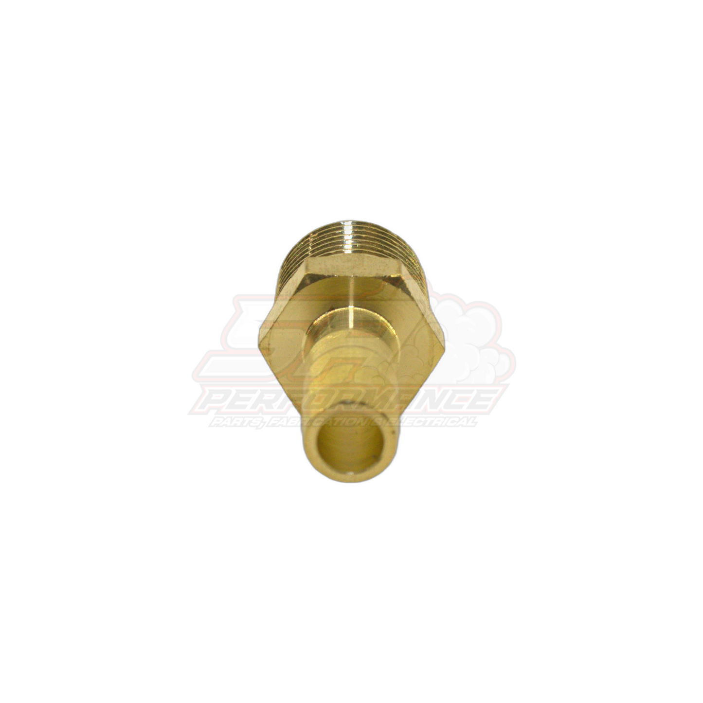 Angled view of 3/8 inch male NPT to 6mm 1/4 inch barb brass fitting showing hex body and threaded port