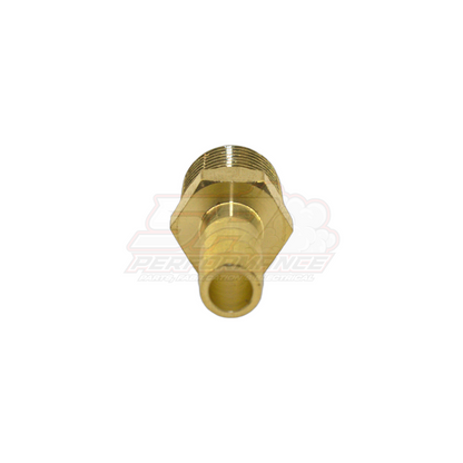 Angled view of 3/8 inch male NPT to 6mm 1/4 inch barb brass fitting showing hex body and threaded port