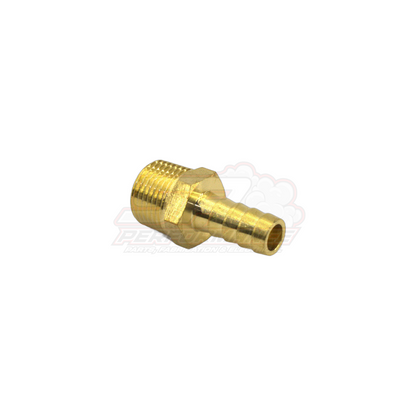 Angled view of brass 3/8" male NPT to 6mm 1/4" barb fitting showing hex body and threaded connection detail