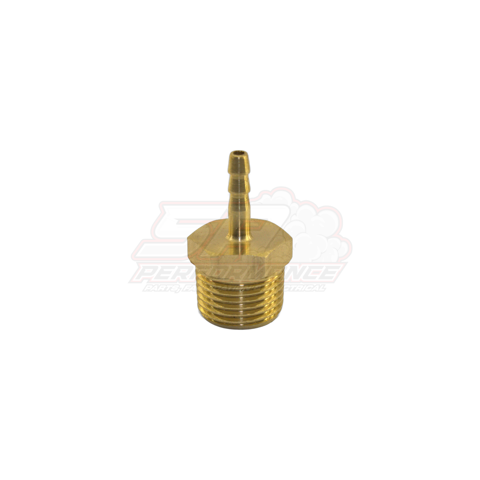 Angled view of 3/8" male NPT to 4mm barb brass fitting showing hexagonal body with external threads and stepped barb tail