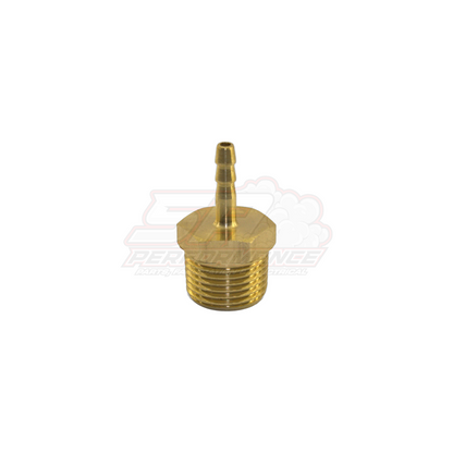 Angled view of 3/8" male NPT to 4mm barb brass fitting showing hexagonal body with external threads and stepped barb tail