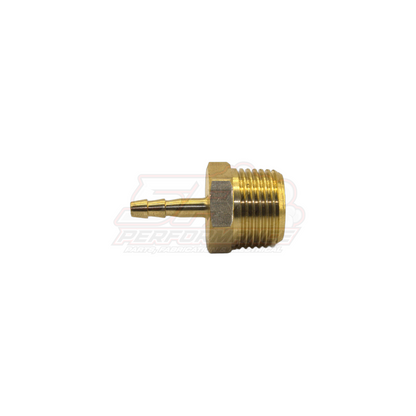 Side view of brass 3/8 inch male NPT to 4mm barb adapter fitting showing threaded body and small hose barb