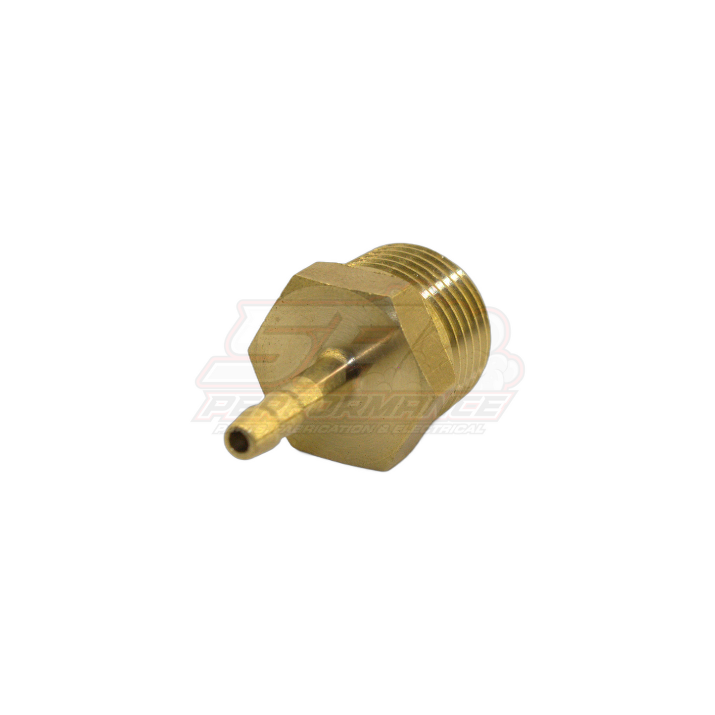 Angled view of 3/8 inch male NPT to 4mm barb brass adapter fitting showing hexagonal body and threaded connection