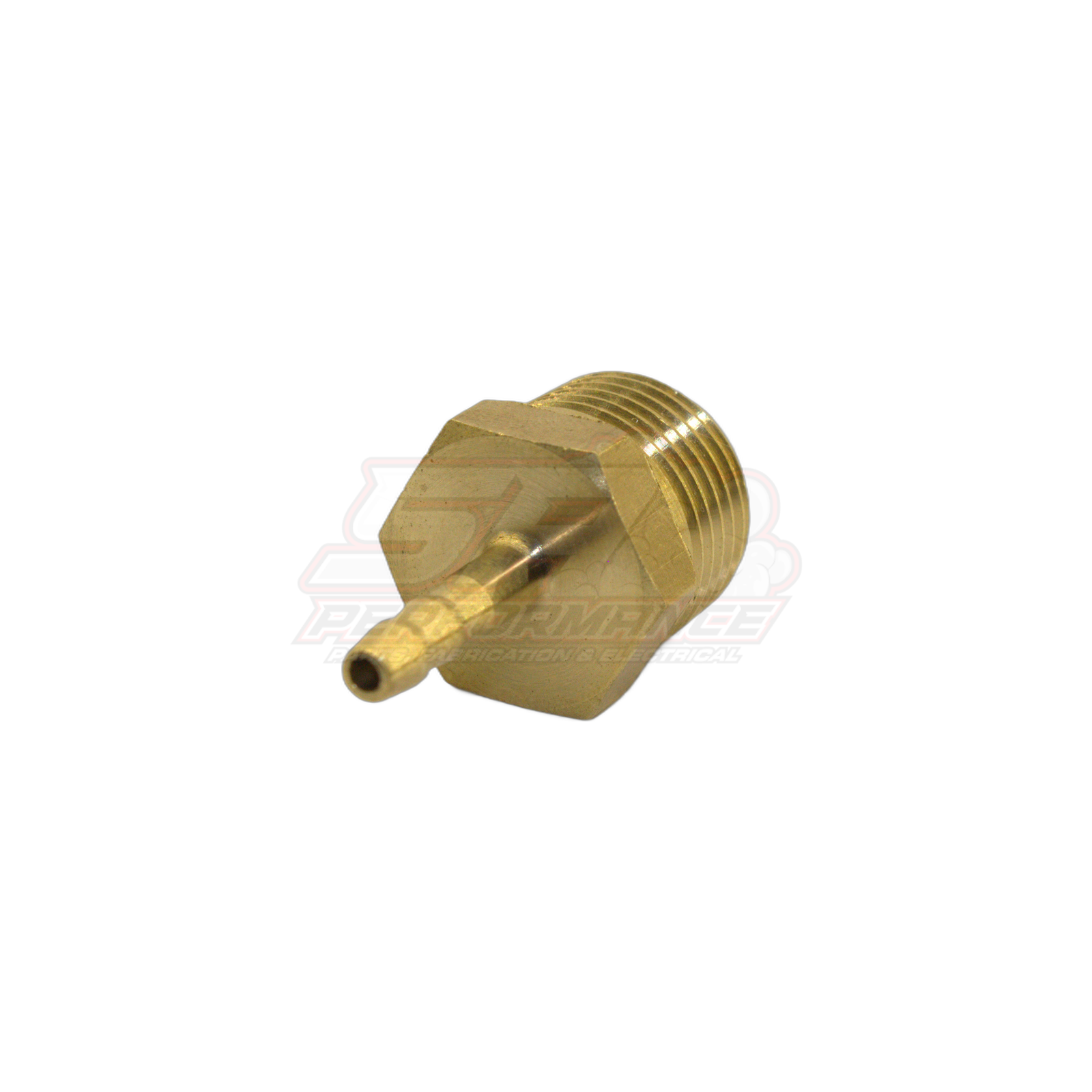 Angled view of 3/8 inch male NPT to 4mm barb brass adapter fitting showing hexagonal body and threaded connection