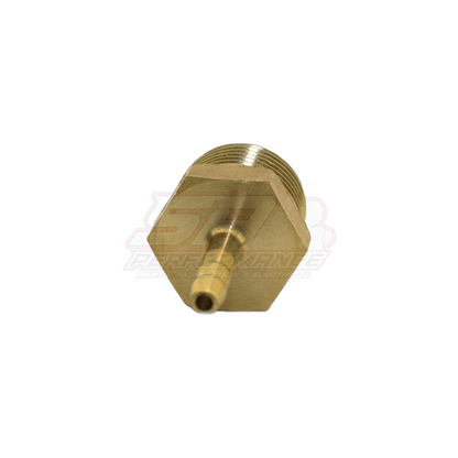 Angled view of 3/8" male NPT to 4mm barb brass adapter showing hexagonal body and threaded port with protruding barb stem