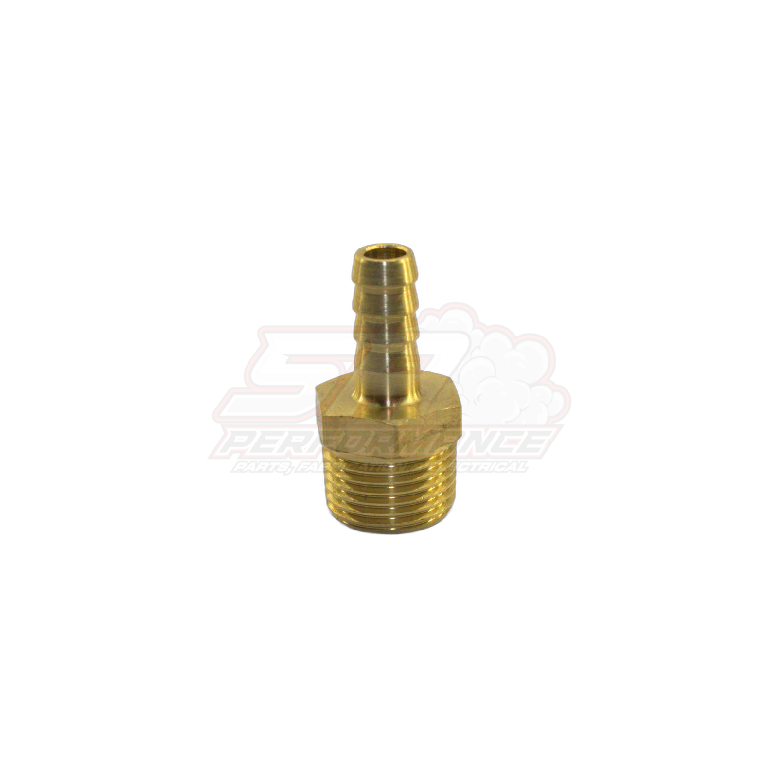 3/8 inch male NPT to 8mm barb brass fitting shown in angled front view displaying threaded hex body and ribbed barb tail