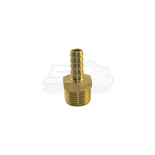 3/8 inch male NPT to 8mm barb brass fitting shown in angled front view displaying threaded hex body and ribbed barb tail