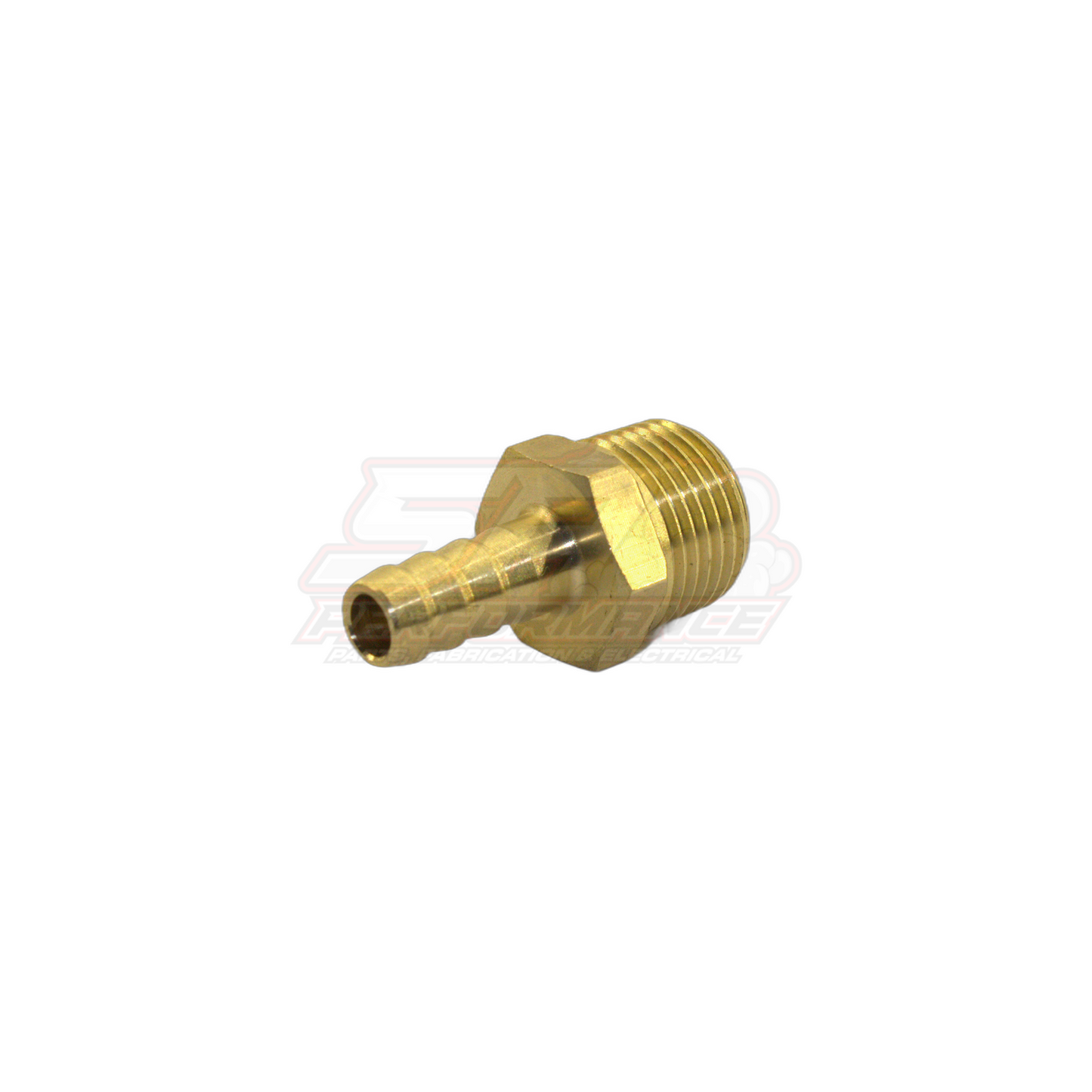 Angled view of brass 3/8 inch male NPT to 8mm barb fitting showing hex shoulder and threaded end with barbed tail