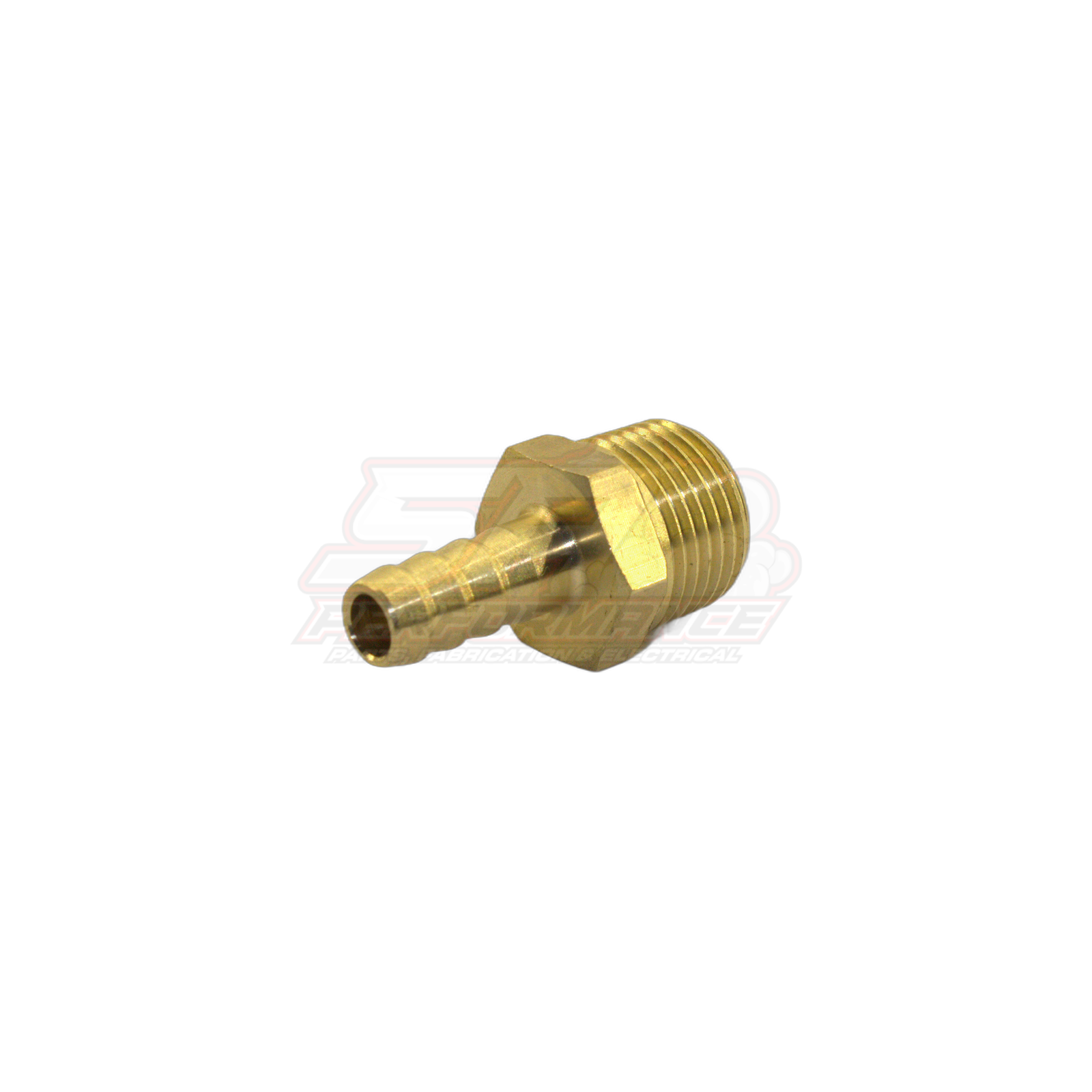 Angled view of brass 3/8 inch male NPT to 8mm barb fitting showing hex shoulder and threaded end with barbed tail