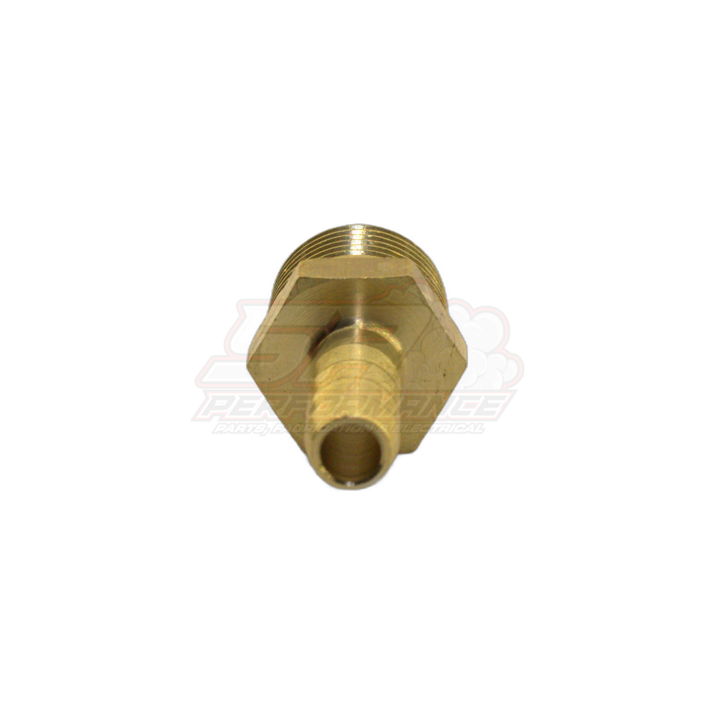Angled view of 3/8 inch male NPT to 8mm barb brass adapter fitting showing hex body and threaded port