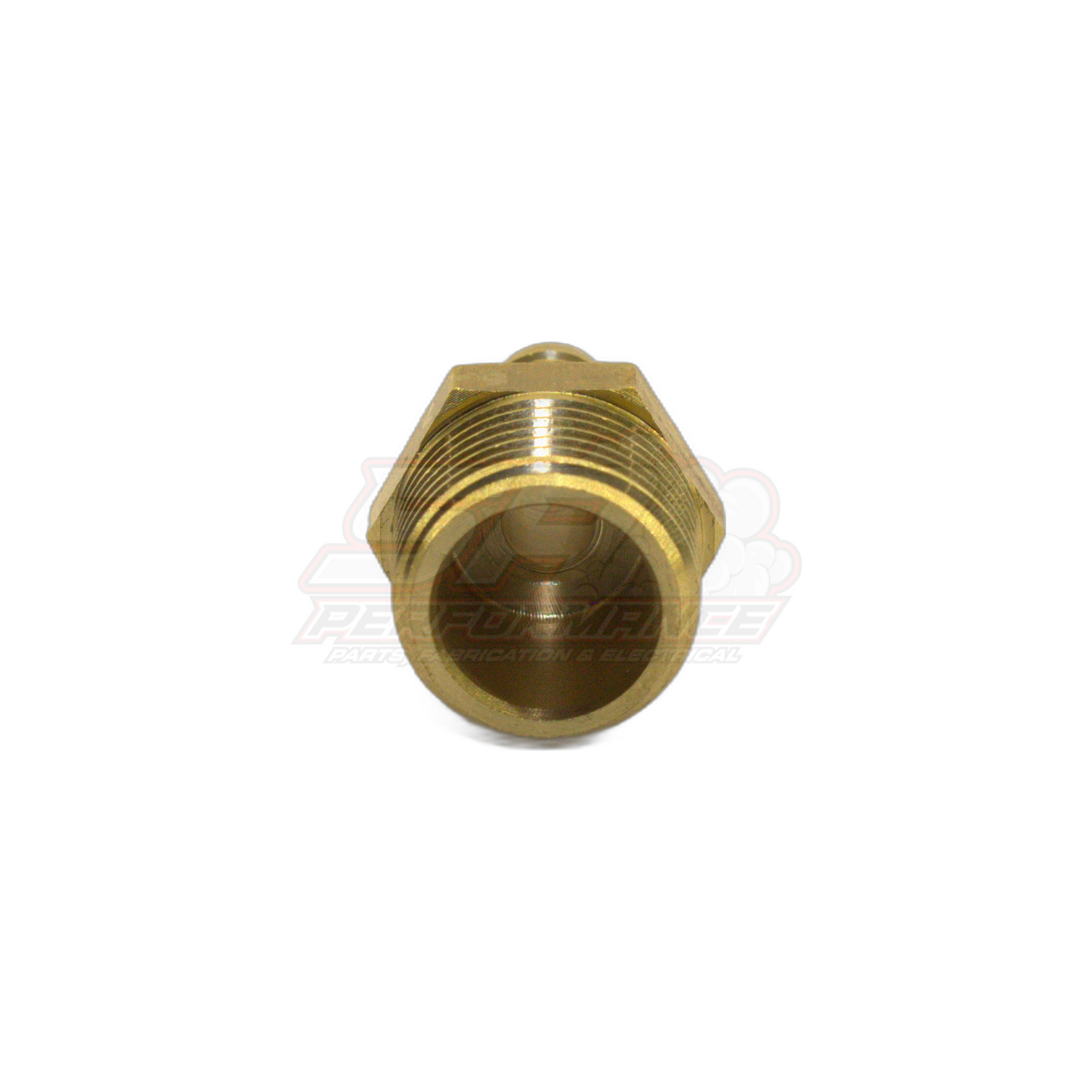 Front angled view of 3/8 inch male NPT to 8mm barb brass fitting showing external threads and internal barb connection