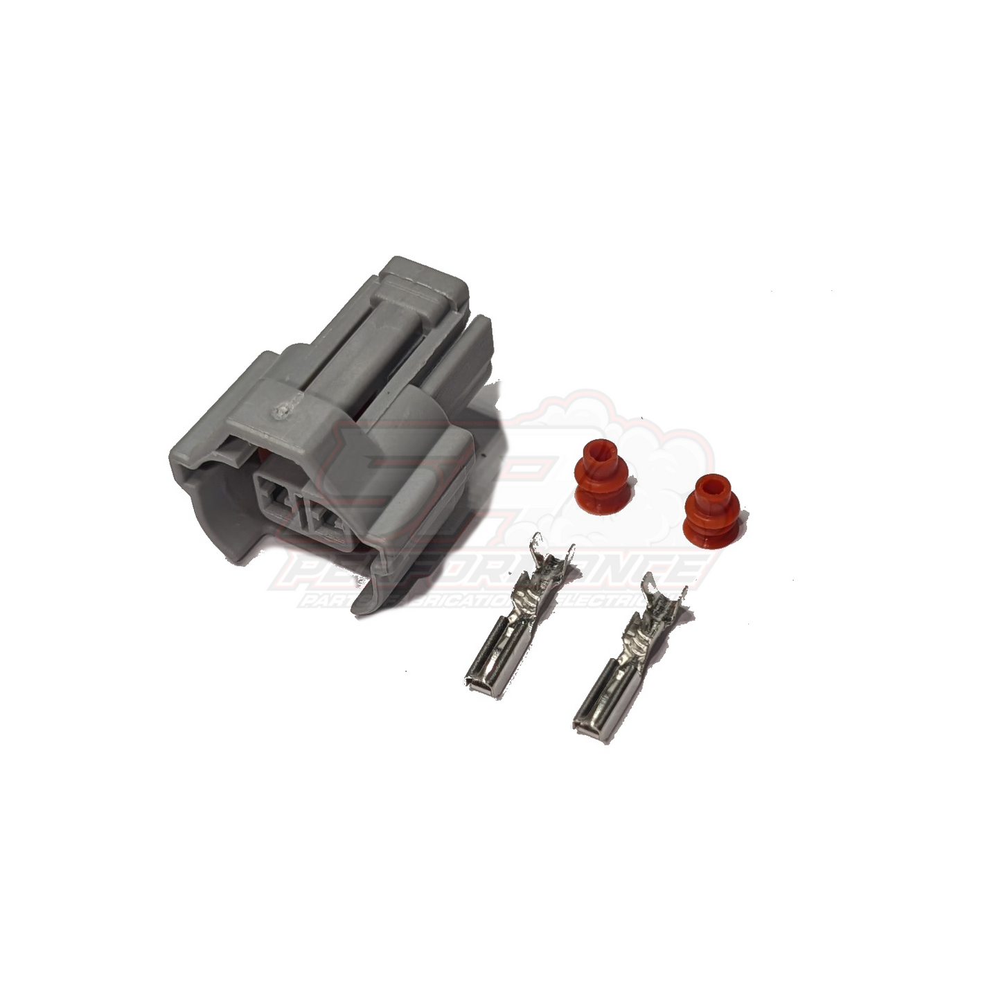 Japanese 2-pin High Guide Denso fuel injector connector kit showing grey housing, two metal terminals and red seals disassembled
