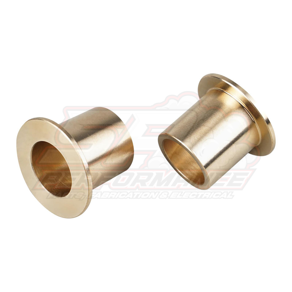 Two bronze pedal bushings for BMW E36 E46 Z3 Z4 shown from front angle displaying flanged design and cylindrical bore