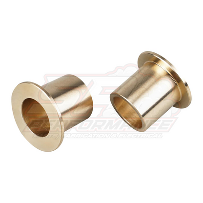 Two bronze pedal bushings for BMW E36 E46 Z3 Z4 shown from front angle displaying flanged design and cylindrical bore