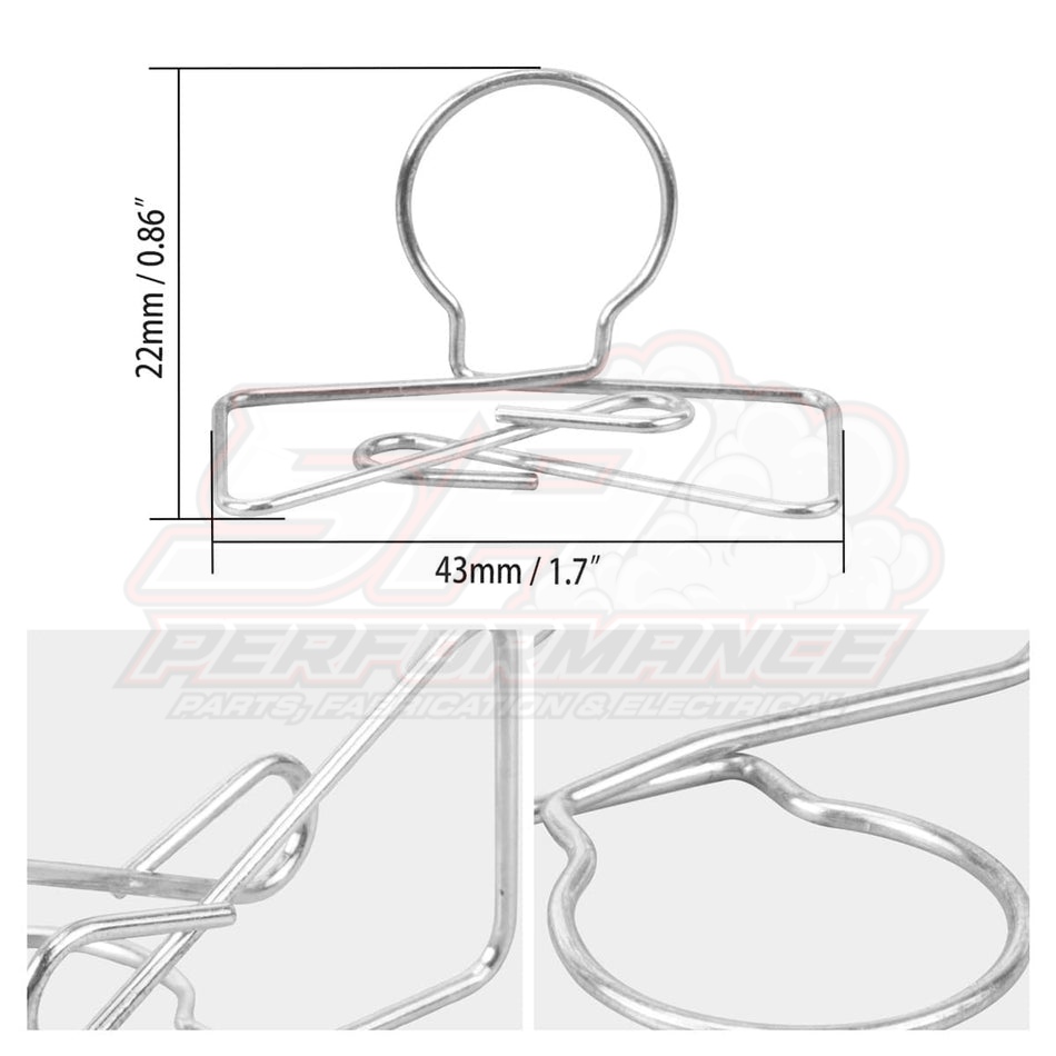 Stainless steel BEVINSEE clutch release arm spring 43mm x 22mm with circular ring loop and wire spring arms shown in multi-angle detail views for BMW E36 E46 E90 E92 Z4 F30 F80