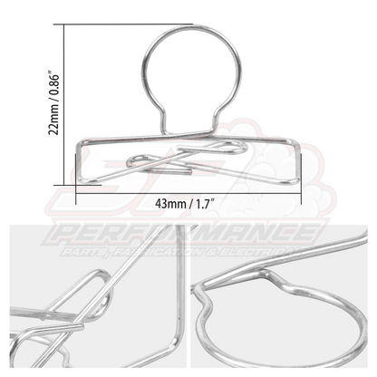 Stainless steel BEVINSEE clutch release arm spring 43mm x 22mm with circular ring loop and wire spring arms shown in multi-angle detail views for BMW E36 E46 E90 E92 Z4 F30 F80