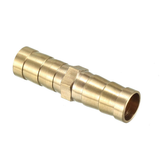 10mm brass barbed hose joiner angled view showing ribbed barbs on both ends with hexagonal centre grip section
