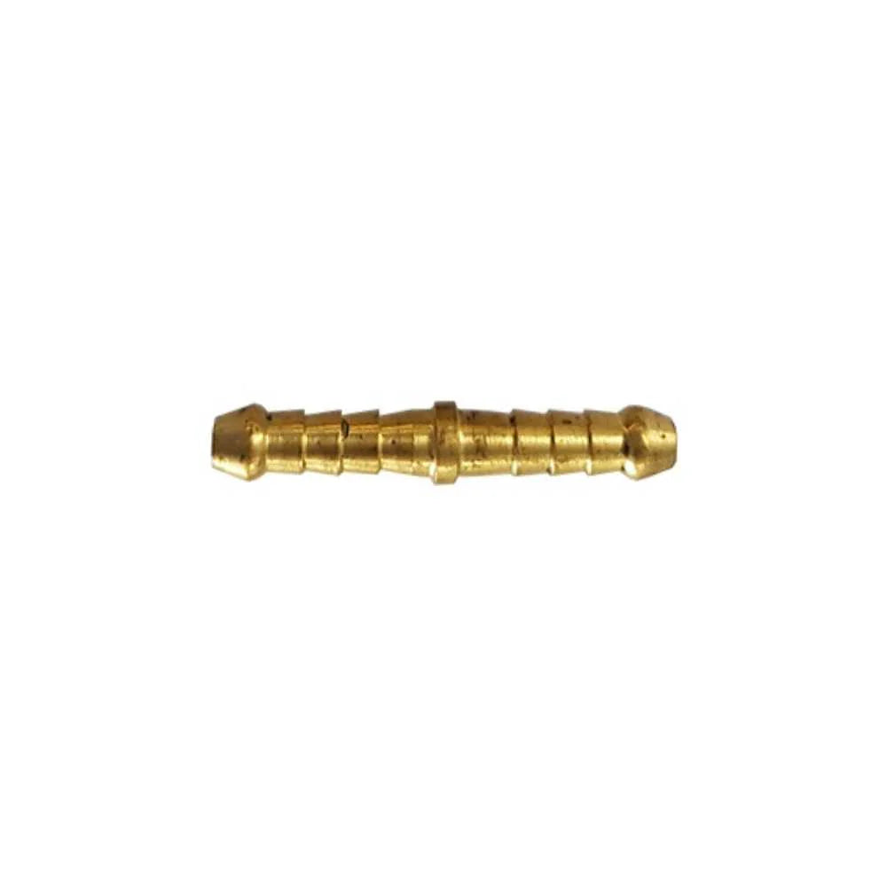 3mm brass barbed hose joiner side view showing ribbed barbs on both ends for secure hose connection