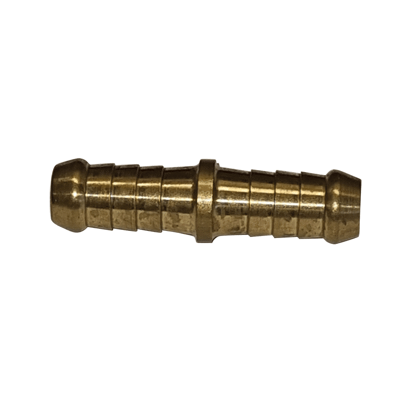 Brass barbed hose joiner 14mm 9/16 inch side view showing ribbed barb ends and centre collar on white background