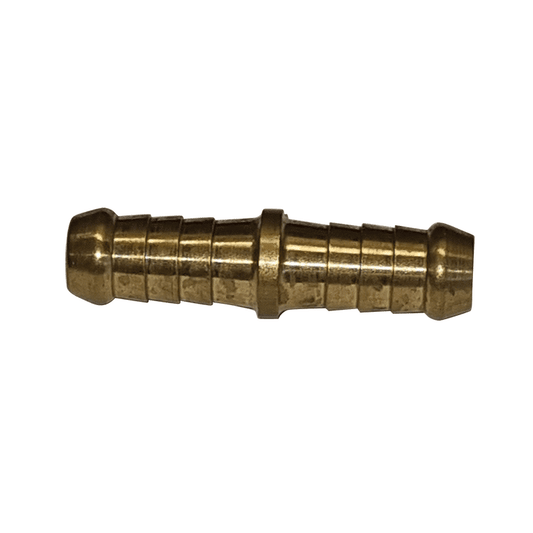 Brass barbed hose joiner 14mm 9/16 inch side view showing ribbed barb ends and centre collar on white background