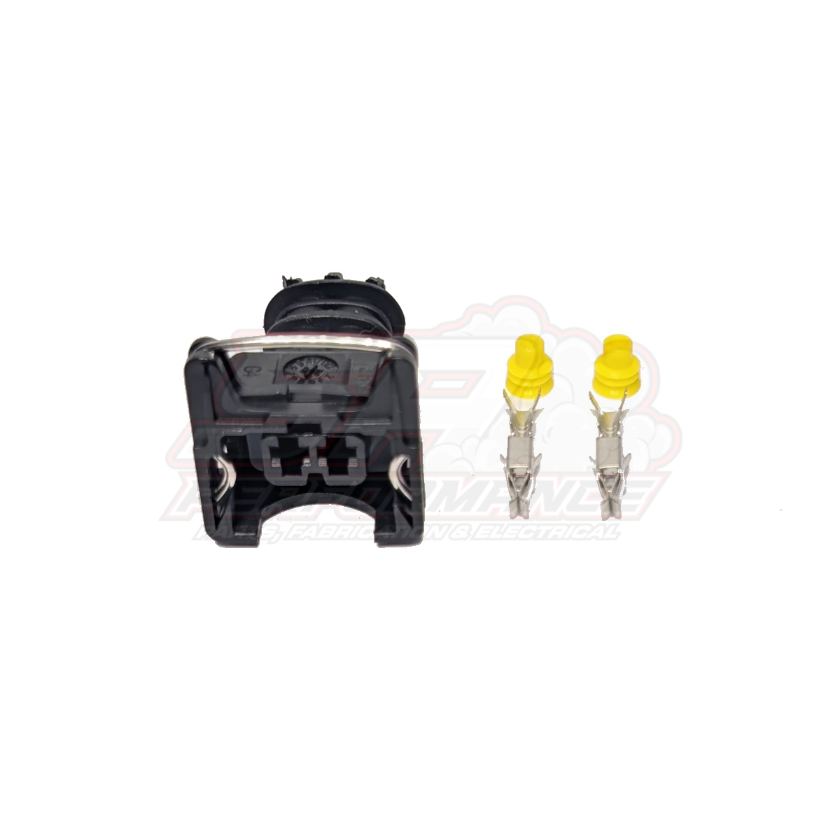 Bosch 2 pin EV1 connector front view showing black housing with metal wire clips and two yellow seal terminals
