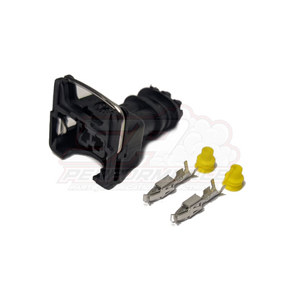 Bosch 2 pin EV1 connector kit with black housing, two metal terminals and yellow rubber seals on white background