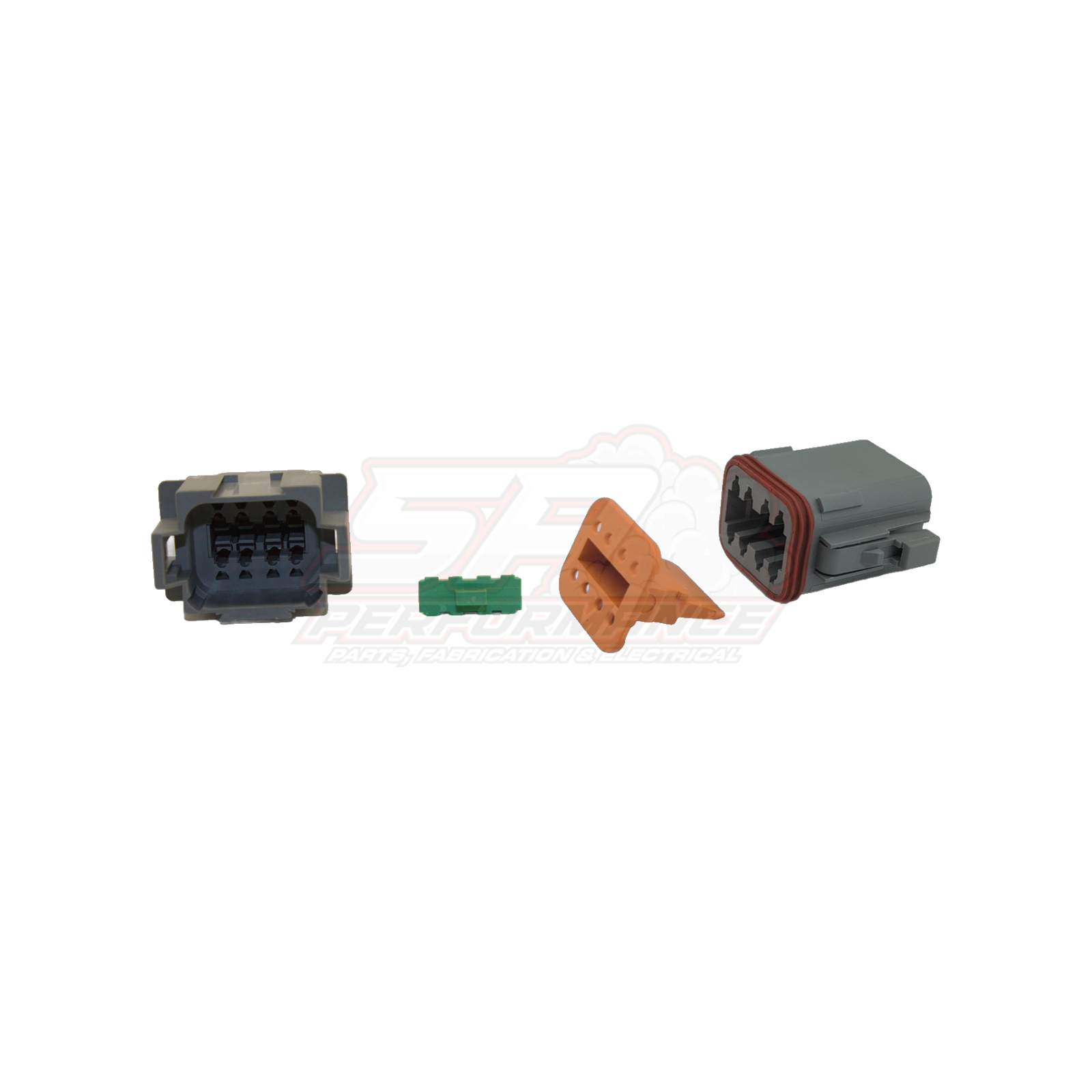 Deutsch DT 8 pin connector kit components showing grey female housing with red seal, grey male housing, green wedge lock and orange terminal in exploded view