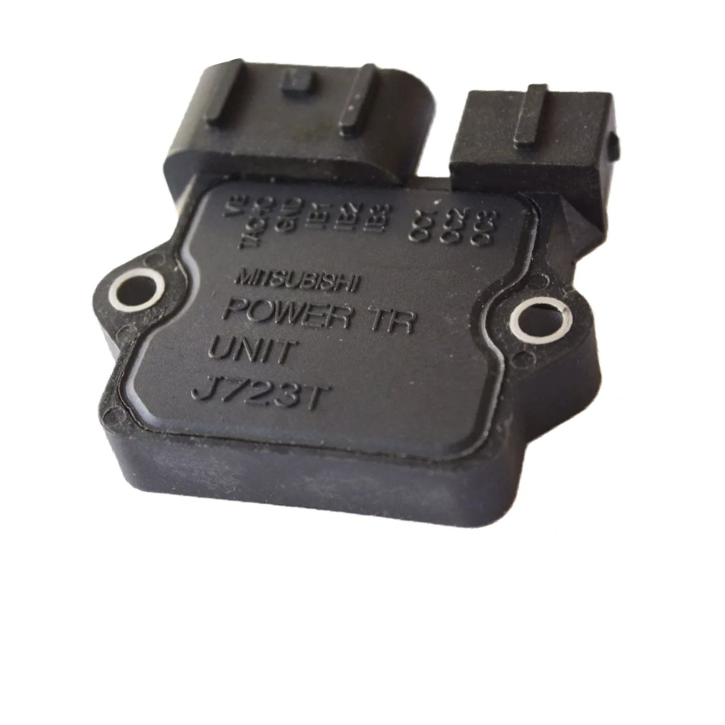J723T Mitsubishi ignition module showing black housing with Mitsubishi Power TR Unit markings, two mounting holes and dual electrical connectors