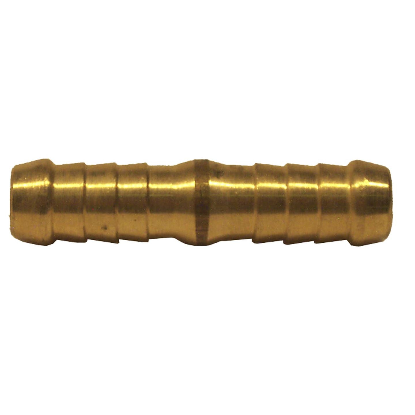 Brass 8mm 5/16 inch barbed hose joiner side view showing ribbed barbs on both ends for secure hose connection