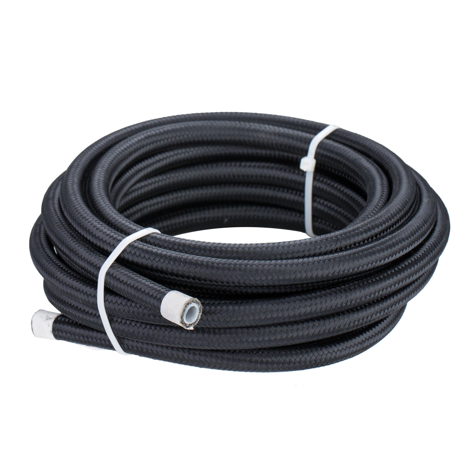 Black nylon braided AN10 PTFE Teflon hose coiled with white cable ties showing stainless steel fitting end