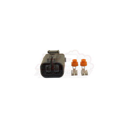 2 pin grey alternator connector kit showing housing with locking tab, two crimp terminals and orange seals
