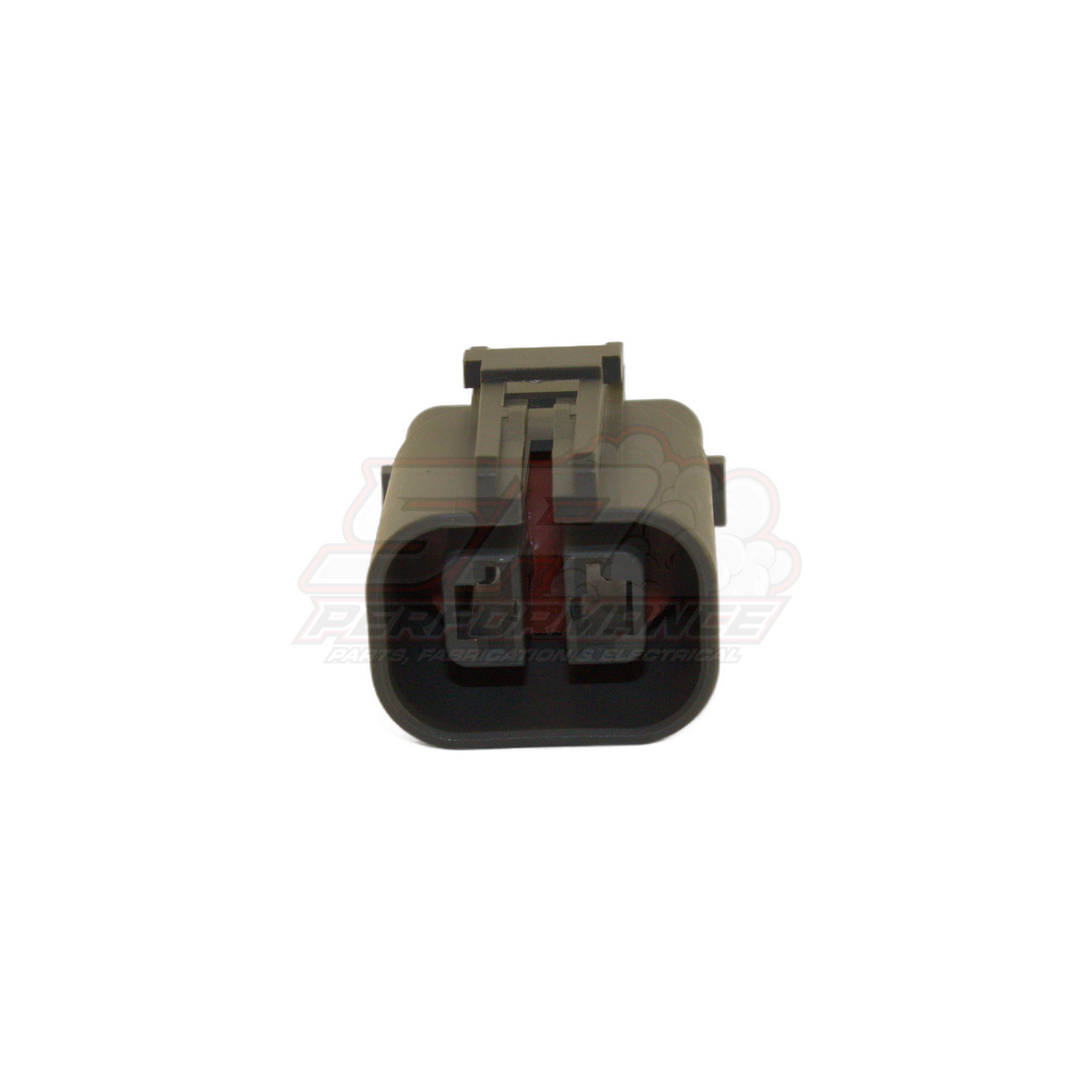 Front view of 2-pin grey alternator connector showing rectangular housing with locking tab and two female terminal cavities