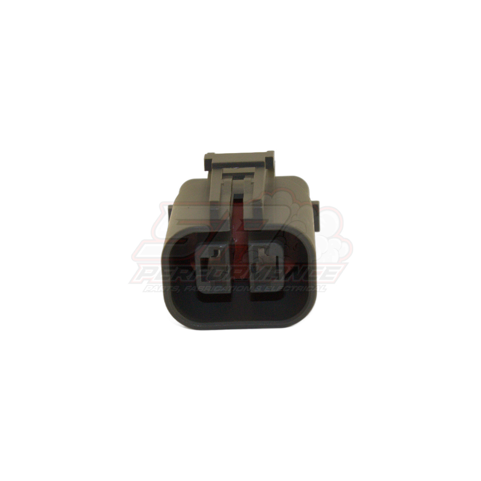 Front view of 2-pin grey alternator connector showing rectangular housing with locking tab and two female terminal cavities