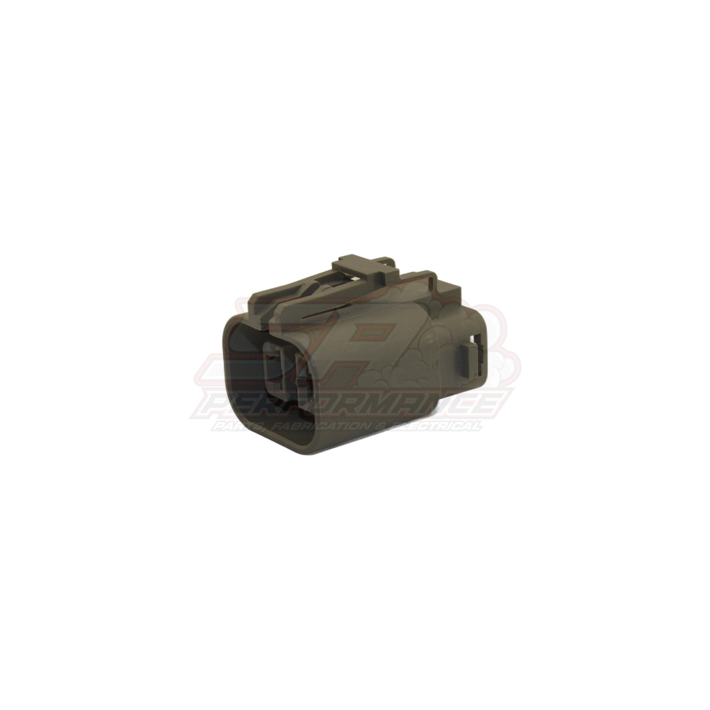 Angled rear view of 2 pin grey alternator connector housing showing terminal chambers and locking tabs
