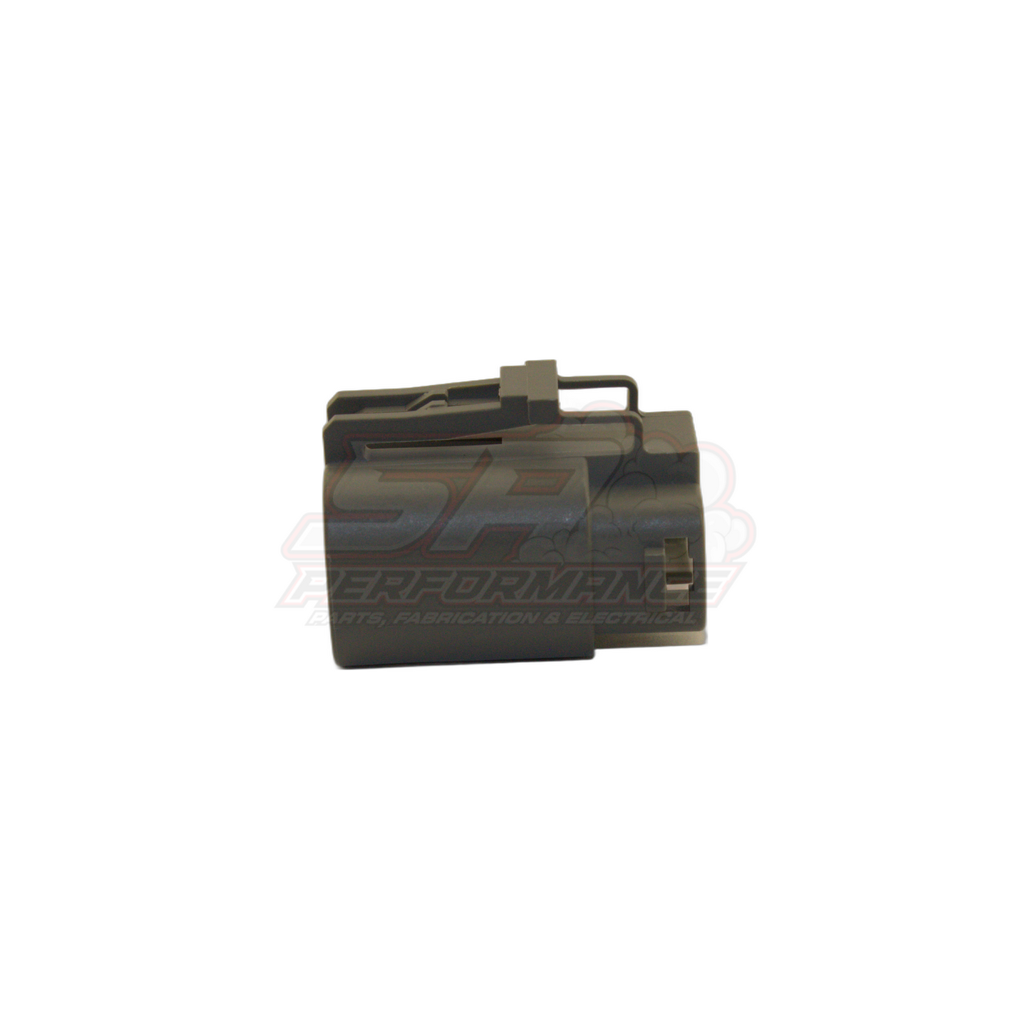 Side view of 2 pin grey automotive connector housing showing locking tab and rectangular pin openings for alternator applications