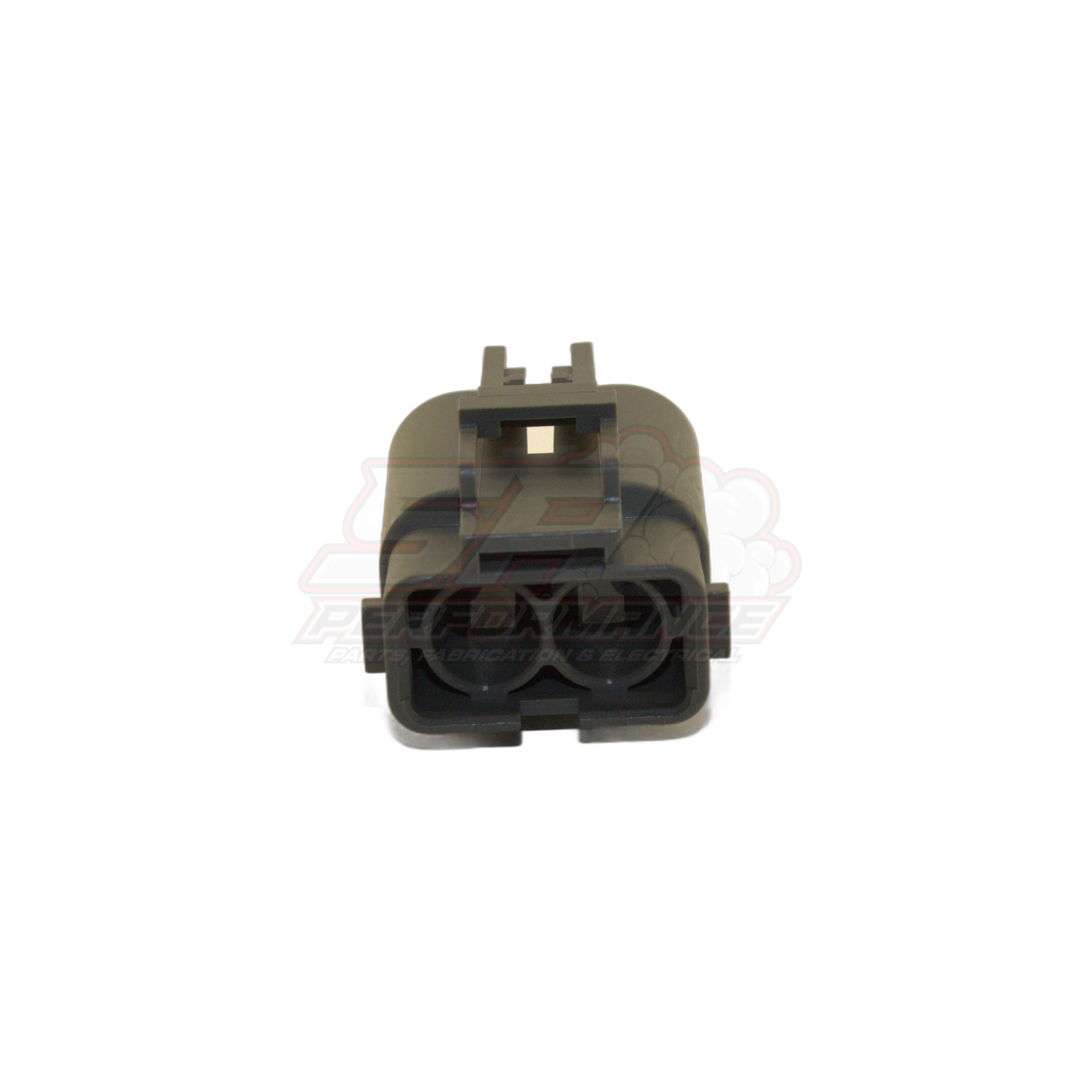 Front view of 2-pin grey automotive connector showing dual terminal cavities and top locking tabs for alternator wiring