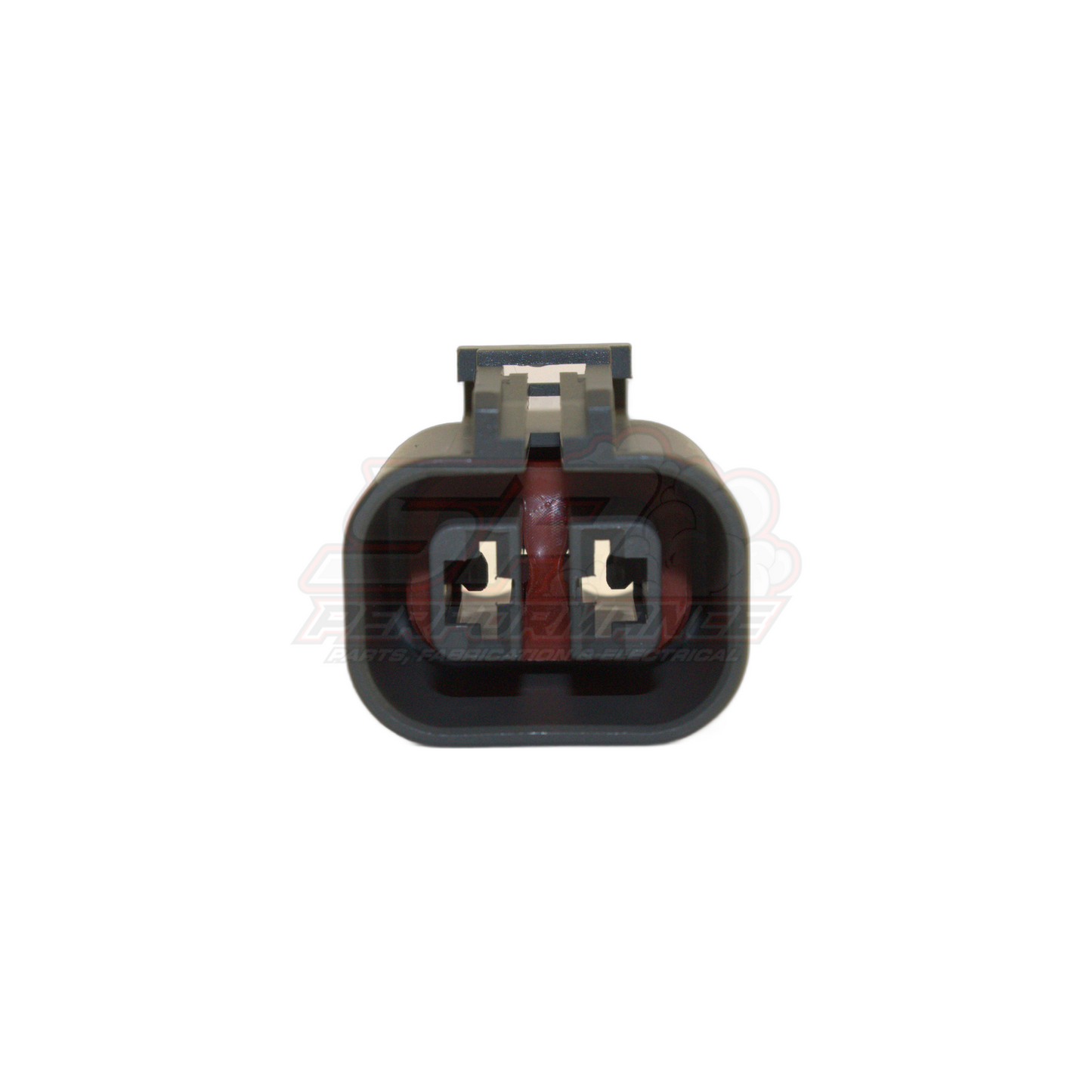 Front view of 2-pin grey alternator connector housing showing two female terminal slots with metal contacts and locking tab
