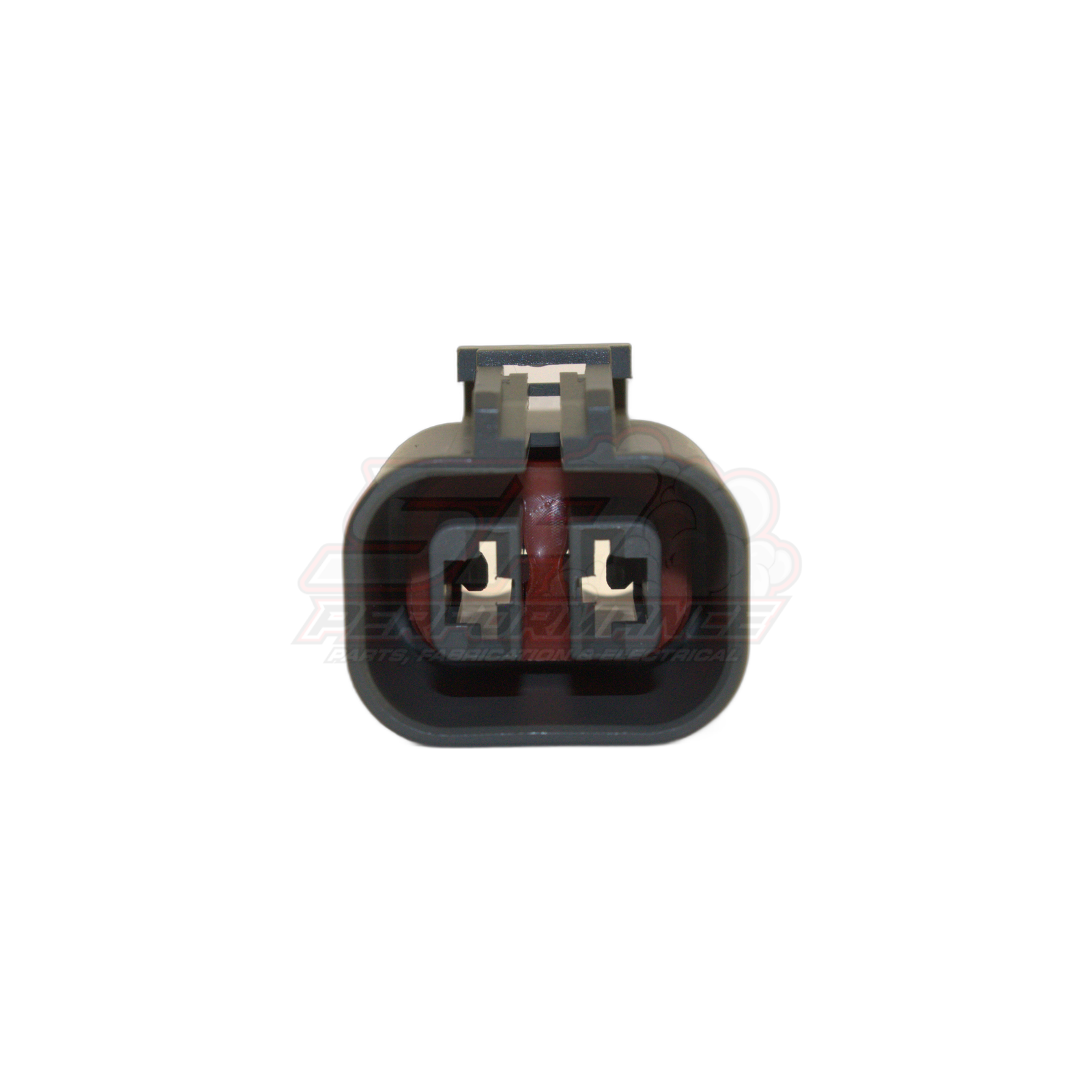 Front view of 2-pin grey alternator connector housing showing two female terminal slots with metal contacts and locking tab