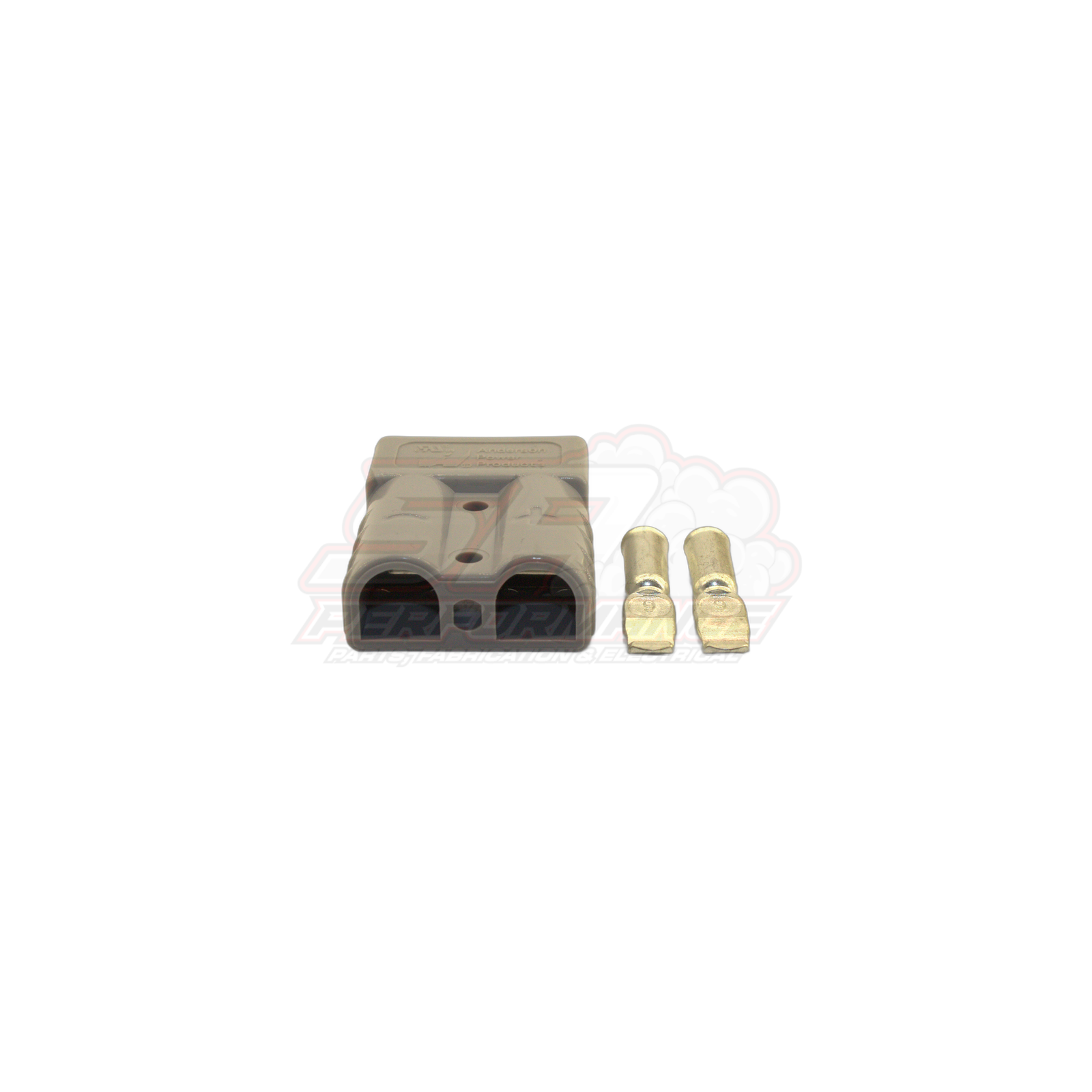 Anderson 50 amp 2 pin connector grey housing shown with two brass terminals front view