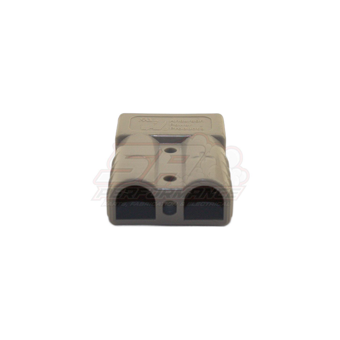 Front angled view of Anderson-style 2 pin 50 amp grey connector showing housing with two dark contact cavities and embossed markings