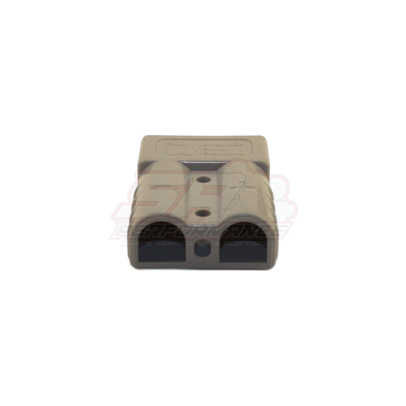 Front angled view of Anderson-style 2 pin 50 amp grey connector showing housing with two dark contact cavities and embossed markings
