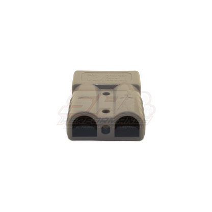 Front angled view of Anderson-style 2 pin 50 amp grey connector showing housing with two dark contact cavities and embossed markings