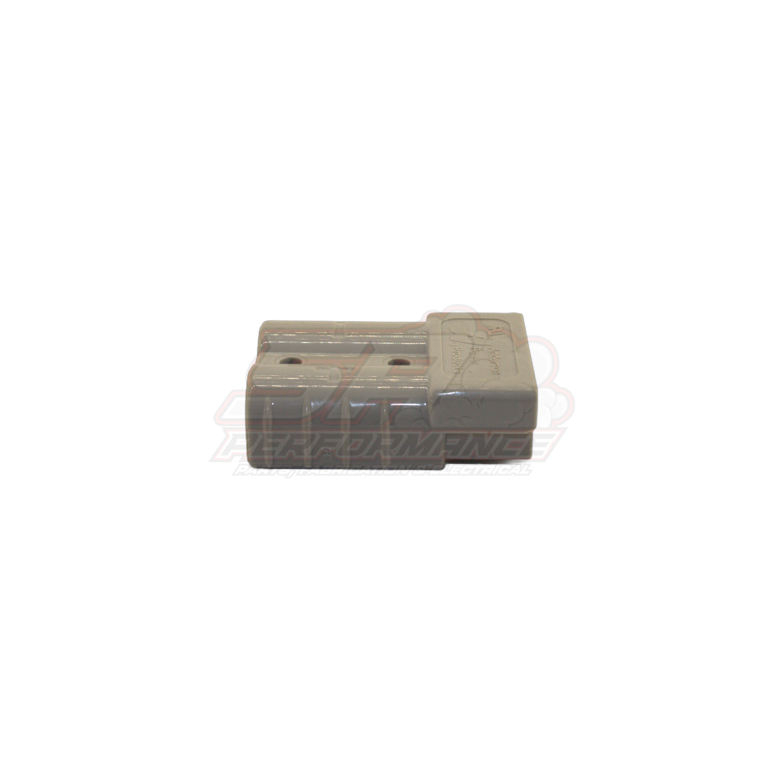 Anderson Style 2 Pin 50 Amp grey connector angled side view showing moulded housing and contact slots