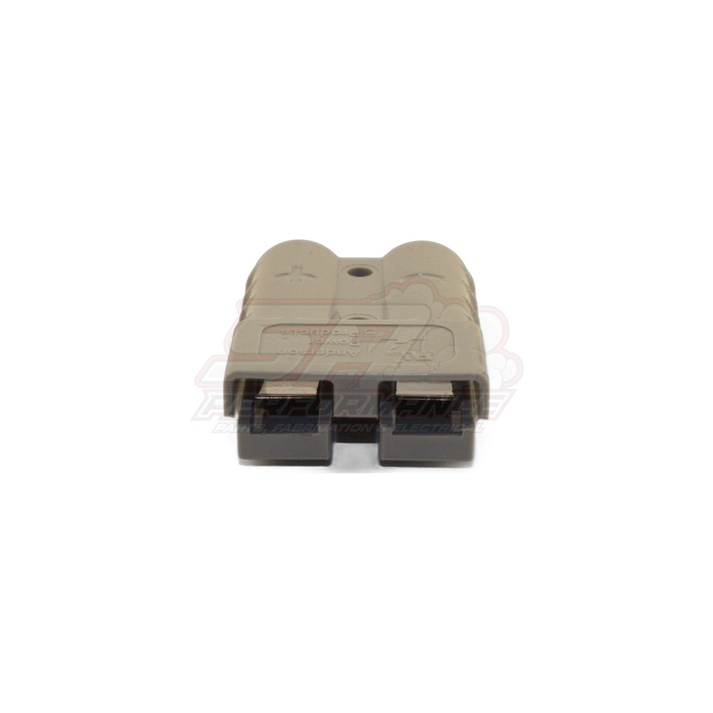 Front view of Anderson style 50 amp 2-pin grey connector housing showing dual square contact ports and moulded polarity markings